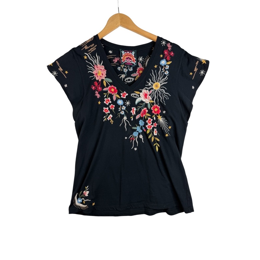 Johnny Was Lissa Embroidered Floral Print V-neck Cap Sleeve Shirt sizer Medium